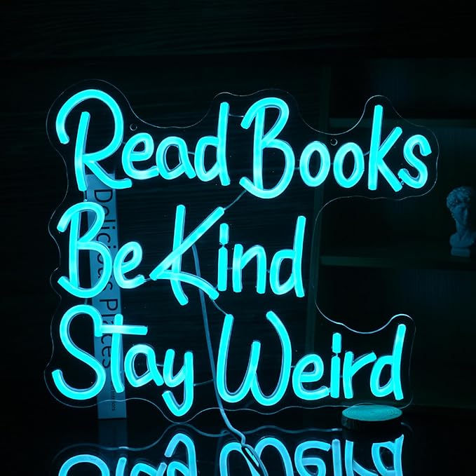 Read Books Be Kind Stay Weird Neon Sign Dimmable Ice Blue Read Books Led Neon Light for Wall Decor USB Powered Be Kind Light Up Sign for Classroom Study Room Bookstore Home Wall Decor