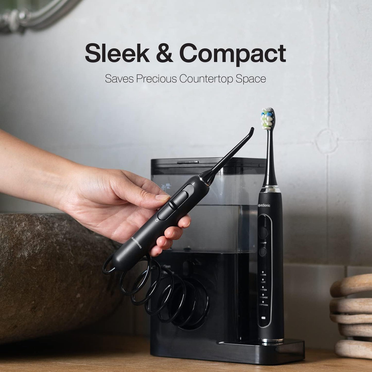 AquaSonic Home Dental Center PRO – Brushing & Flossing Made Easy – Brush & Floss – Power Toothbrush & Water Flosser – Whiter Teeth & Healthier Gums – Black Series Pro+Oral Irrigator