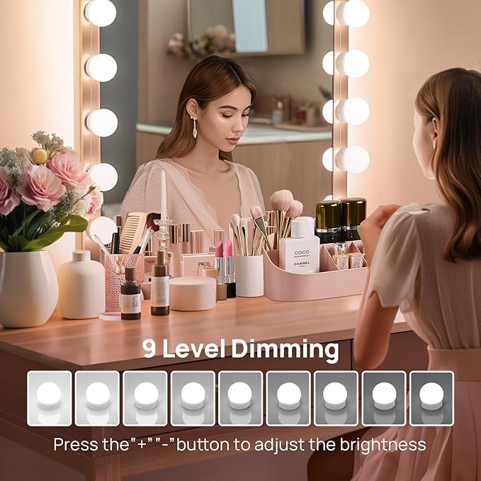 LED Vanity Lights For Mirror, Consciot Hollywood Style With 10 Dimmable Bulbs, Adjustable Color & Brightness, USB Cable, Stick on for Makeup Table Dressing Room Mirror