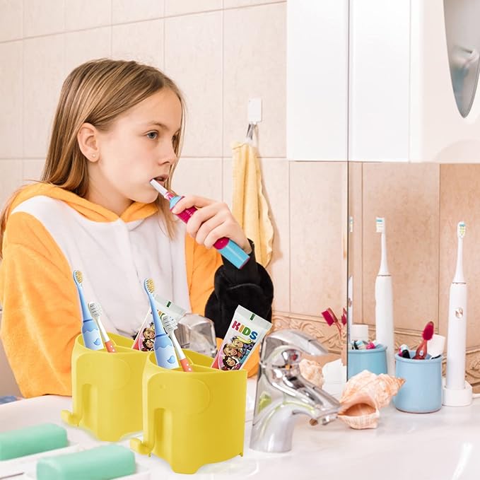 Kids Toothbrush Holder, Cute Elephant Toothbrush Holders for Toddler, Toothbrush Toothpaste Holder for Bathroom, Toothbrush Organizer with 3 Slots and a Hook, Yellow
