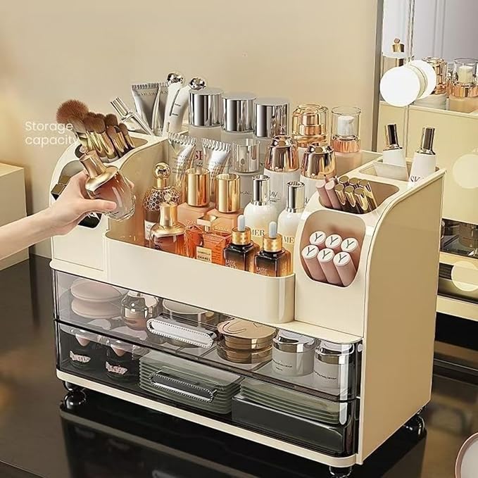 Makeup Organizer with Drawers for Vanity,Bathroom Countertop Organizer with Brushes Holder,Skincare Storage Organizer,Perfect Cosmetic Display Case for Skincare,Lipstick and Beauty Essential (Cream)