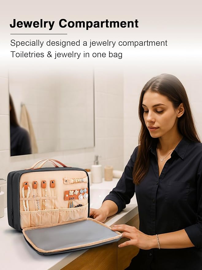 Women's Hanging Toiletry Bag, Waterproof Travel Cosmetic Organizer with Jewelry Storage, Large Capacity Makeup Case for Full-Size Skincare & Bathroom Essentials, Portable Cosmetic kit, Black