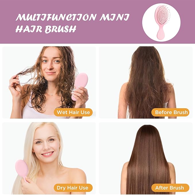 Mini Hair Brush, Detangling Hairbrush for Dry and Wet Hair, Small Size Travel Detangler Brush for Girls Boys Kids Women Men for All Hair Types Pink