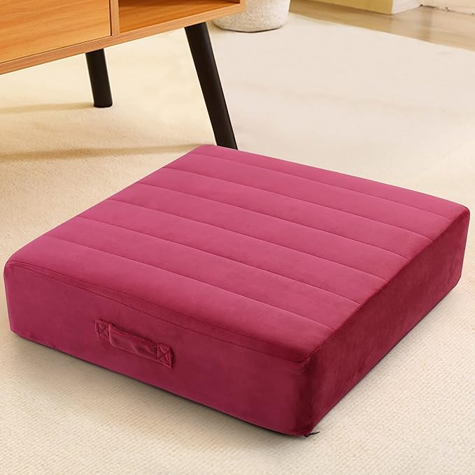 MeMoreCool Square Floor Pillow – 22"x22" Wine Meditation Cushion with 5" Thick Foam Plush Tufted Cover | Machine Washable | Yoga & Seating for Adults and Kids