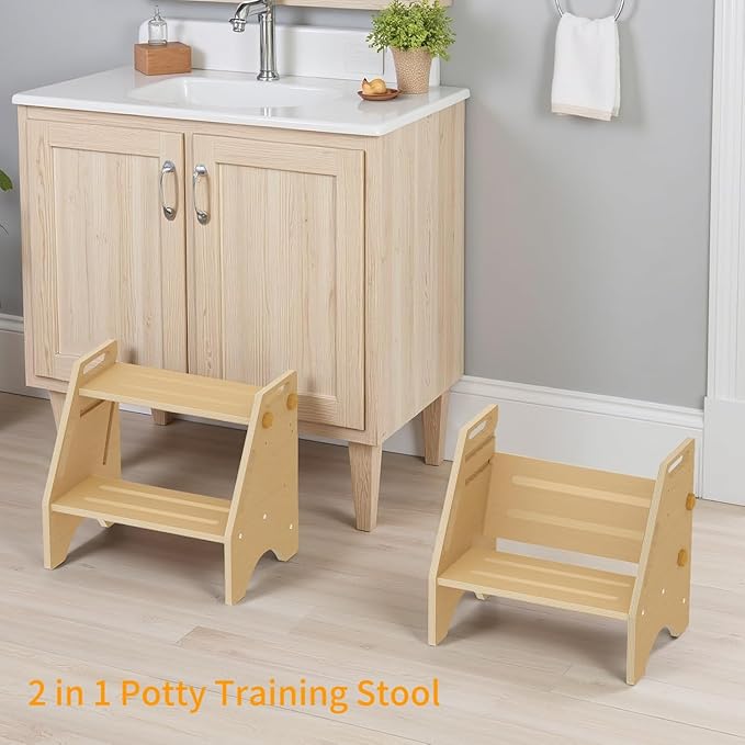 Toddler Step Stool, Wooden Height-Adjustable 2 Step Stool for Kids, 2 in 1 Potty Training Stool with Safety Handles Non-Slip Pads for Bathroom Sink, Kitchen, Bedroom (Natural)