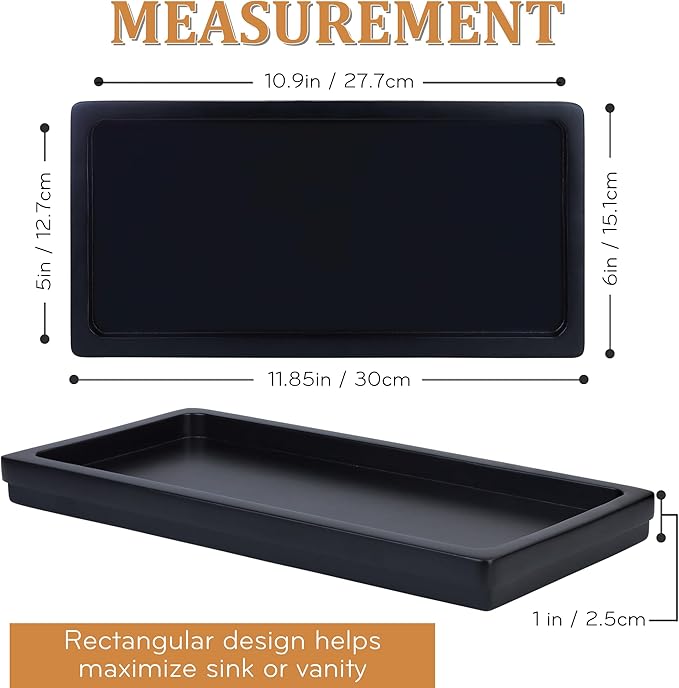 Acacia Wood Decorative Vanity Tray - 11.8 x 5.9 inches Suitable for Countertop Bathroom Sink Dresser Toilet Tank - Modern Decor Tray for Keys Wallets Towels Perfumes Plant Pots (Black)