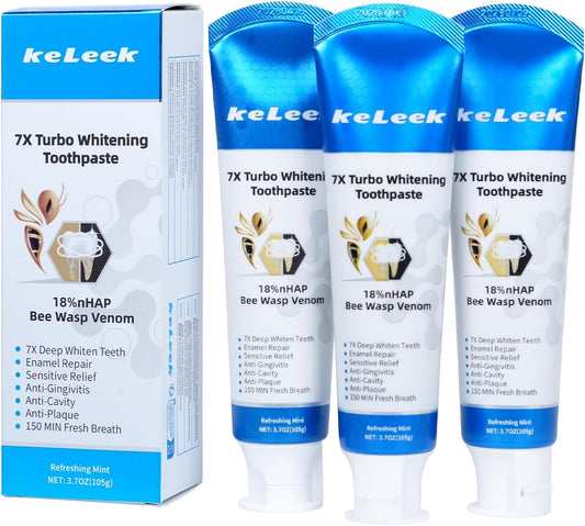 3-Pack 7X Turbo Whitening 18% Nano Hydroxyapatite Bee Wasp Venom Toothpaste for Remineralizing Enamel Repair,Sensitive Relief,Anti-Gingivitis,Anti-Cavity,Anti-Plaque -150 MIN Fresh Breath
