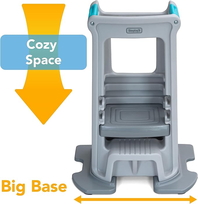 Simplay3 Toddler Tower Montessori Standing Kitchen Step Stool with Sturdy Stabilizing Base and Adjustable Platform, 20.5" D x 26" W x 34.5" H, Ages 18 Months to 5 Years, Gray