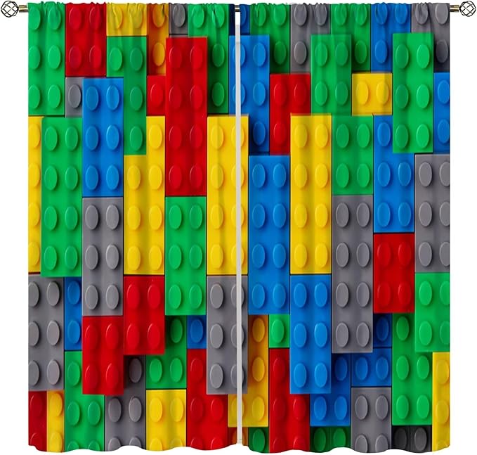 Kids Building Blocks Toy Curtains for Kids Room W42 x L45 Inch Rod Pocket Contour Plastic Colorful Toy Bricks Geometric Print Pattern Curtains for Boys Girls Bedroom 2 Panels
