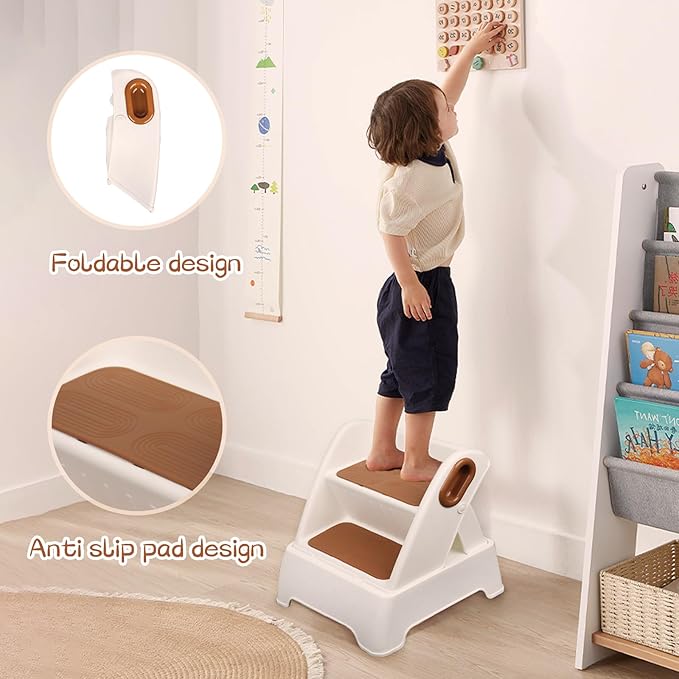 Two Step Stool for Kids,Foldable 2 Step Stool for Toddlers,Non-Slip with Handles Kids Stool for Bathroom Sink,Toilet Bedroom, Potty Training,Kitchen