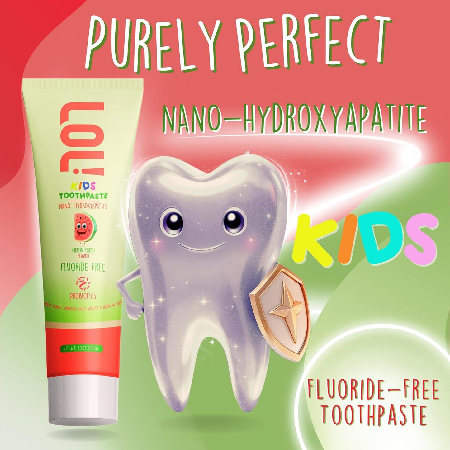 LOL Kids Toothpaste | Fluoride Free 2-Flavors Pack | Nano Hydroxyapatite Toothpaste, Probiotics, Vitamins A, C, E | Safe if Swallowed, No SLS | 1 Strawberry, 1 Melon Flavor,