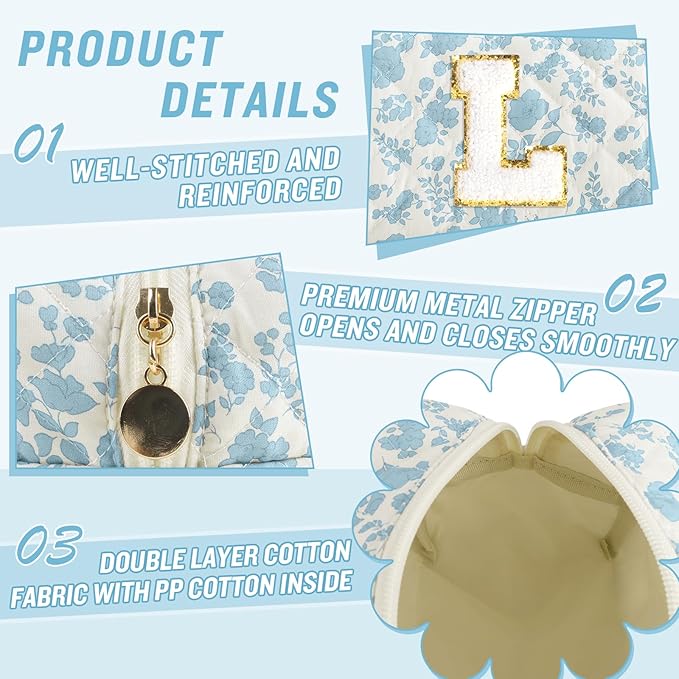 Personalized Quilted Cosmetic Bag, Puffy Monogrammed Christmas Birthday Gifts for Women & Girls, Cute initial Floral Makeup Bag Puffer Coquette Bag, Aesthetic Travel Toiletry Zipper Pouch(Blue,L)