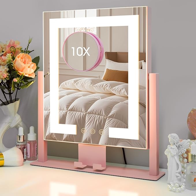 Kottova Vanity Mirror with Lights, Lighted Makeup Mirror, Smart Touch Control, Dimmable 3-Color Lights, Lighted Mirror with Detachable 10X Zoom Mirror, 360° Rotation, Metal Frame（Pink）