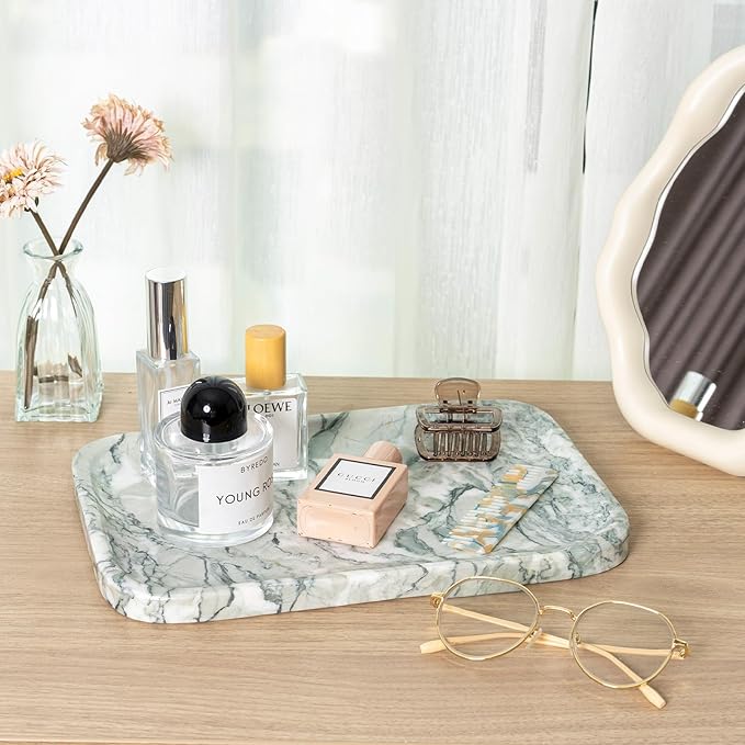 Vanity Tray, Marble Bathroom Tray Countertop, Decorative Dresser Organizer, Green Stone for Perfume Jewelry Holder Storage for Kitchen Sink(Light Green)