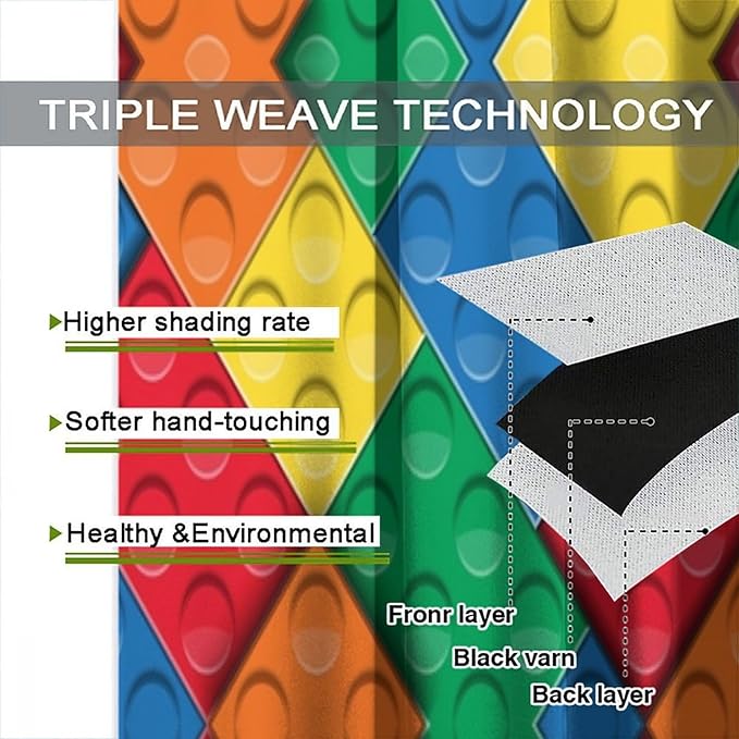 Kids Building Blocks Toy Curtains Boy Girl Room Printed Curtains Abstract Colorful Bricks Children's Nursery Blackout Curtains 63x63 Inches 2 Panels