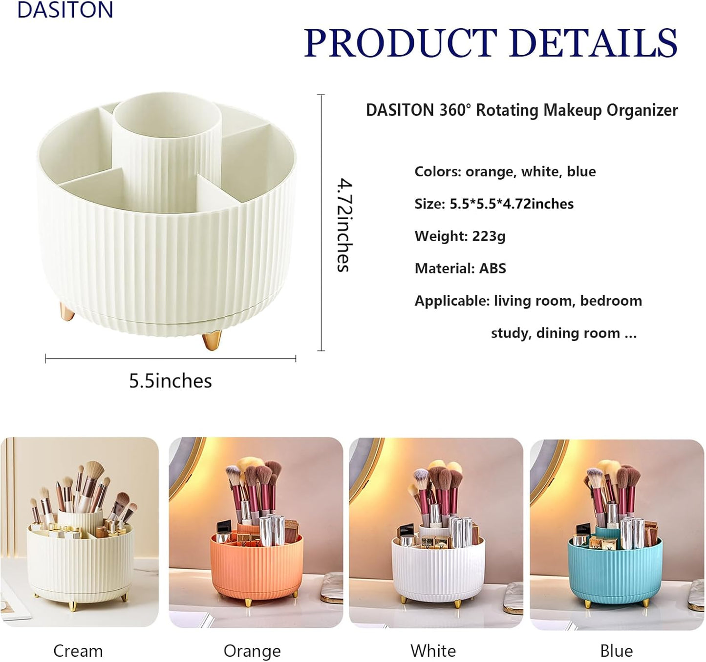 DASITON Large Capacity Makeup Brush Holder,360° Rotating Makeup Organizer,5 Slot Makeup Brushes Cup,for Vanity Decor,Bathroom Countertops,Desk Storage Container,Cosmetic Display cases(Cream)
