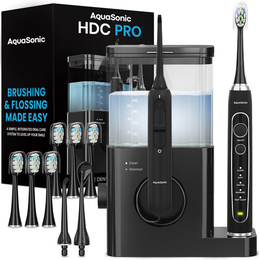 AquaSonic Home Dental Center PRO – Brushing & Flossing Made Easy – Brush & Floss – Power Toothbrush & Water Flosser – Whiter Teeth & Healthier Gums – Black Series Pro+Oral Irrigator