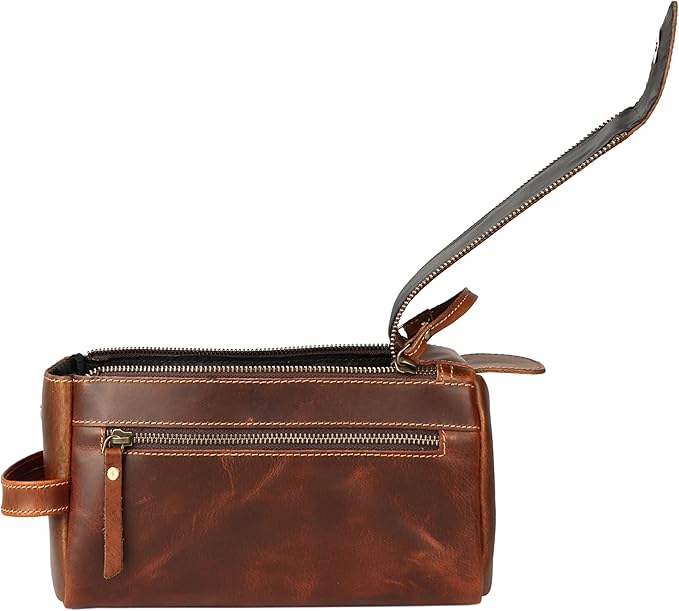 KomalC Premium Buffalo Leather Toiletry Bag for Men & Women – Leather Dopp Kit With Water resistant Lining, Premium Toiletry Travel Pouch, Unisex Wash Bag for Toiletries, Gifts for Men and Women