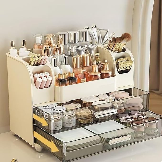 Makeup Organizer with Drawers for Vanity,Bathroom Countertop Organizer with Brushes Holder,Skincare Storage Organizer,Perfect Cosmetic Display Case for Skincare,Lipstick and Beauty Essential (Cream)