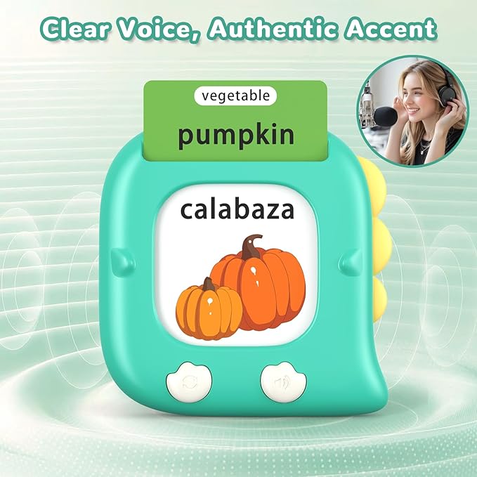 Kidzdo 520 Bilingual Spanish English Talking Flashcards for Toddlers, Educational Learning Toy, Birthday Present Xmas Gift for Kids 2 3 4 5 6, Pocket Speech Therapy Toys for Autism Children, Green