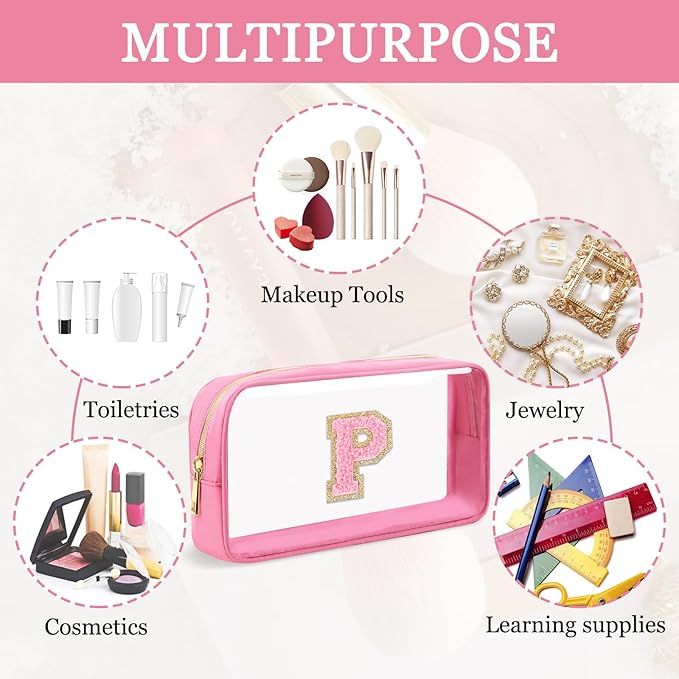 Small Clear Personalized Initial Makeup Bag, Preppy Nylon A-Z Chenille Letter Patch Makeup Organizer TSA Approved Travel Toiletry Bag,Waterproof Zip Beach Cosmetic Pouch Purse for Women(Pink-Pink P)