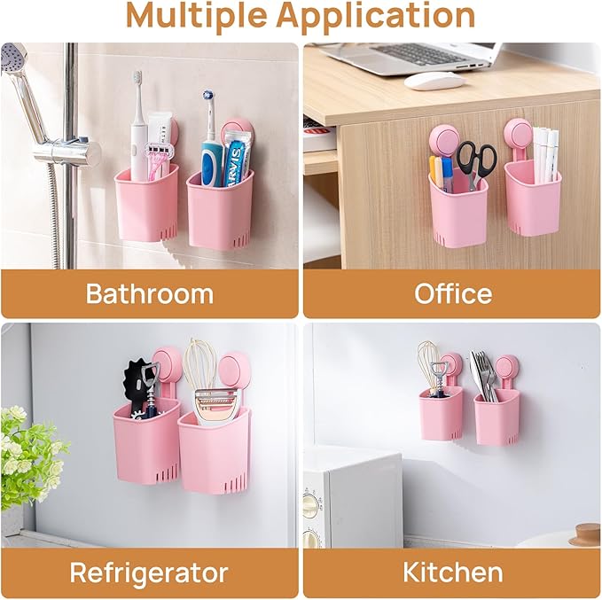 LEVERLOC Powerful Suction Toothbrush Holder 2 Pack, Removable Drill-Free Wall Shower Holder for Toothbrush, Toothpaste, Razor, Self-draining Suction Cup in Shower, Kitchen Tableware Organizer, Pink