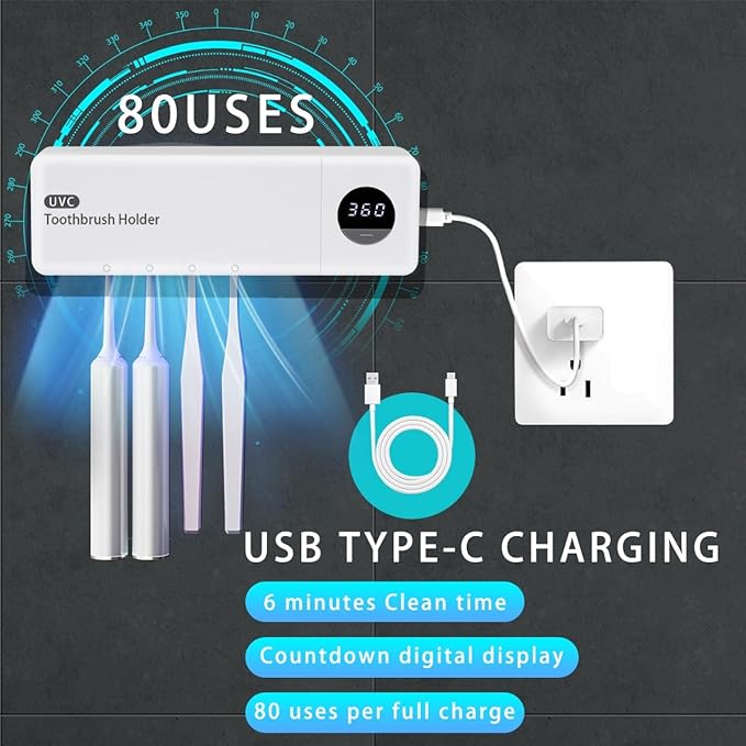 Thanksgiving Pick, Cordless Sanitizeri Toothbrush Holder, Sanitizeri Toothbrush Cleaner with 4 Slots & Timer Function, No-Drill Rechargeable Bathroom Wall Mounted Toothbrush Holders