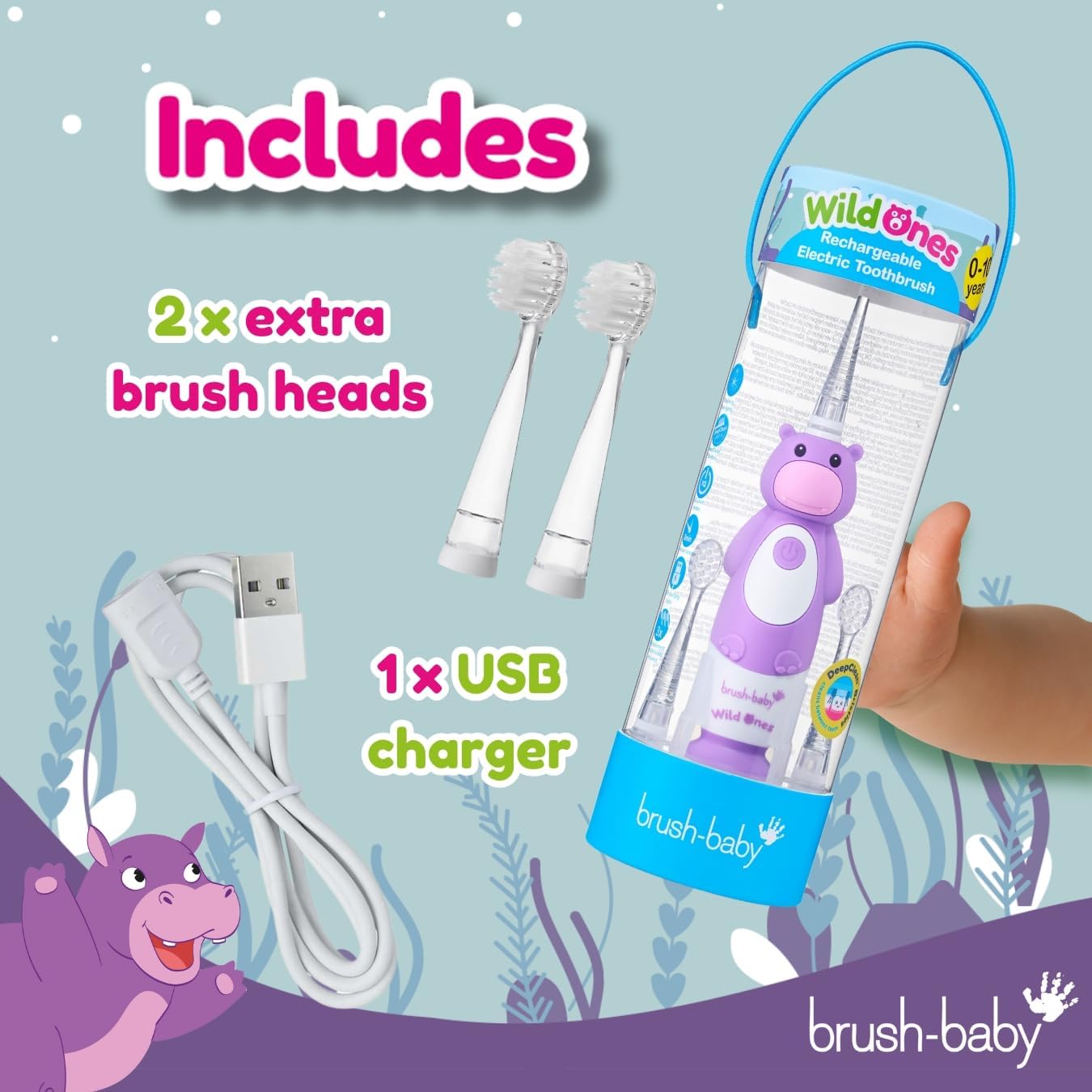 BrushBaby - WildOnes - Kids Rechargeable Electric Toothbrush, Ages 0-10 - Holly Hippo Design with Flashing Lights - DeepClean Bristles for Superior Cleaning - 2 Replacement Brush Heads, 1 USB Cable