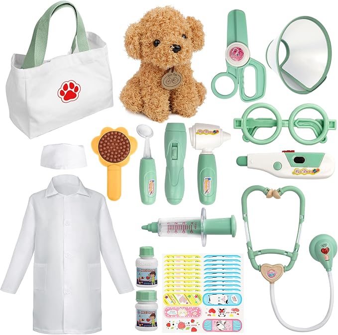 Liberry Doctor Kit for Toddlers 3 4 5 6 Years Old, 26 Pcs Kids Doctor Playset with Dog Toy, Stethoscope and Dress Up Costume, Pretend Play Medical for Boys Girls (Green)