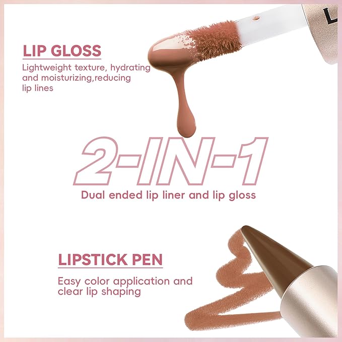 Lip Liner Gloss Lip Combo Set, 2 in 1 Lip Duo Natural Nude Brown Lip Liner Lipstick Glossy Nourishing Toffee Lip Gloss Kit, Smooth Quick Fuller Plumping Juicy Lip Makeup for Women06#Caramel