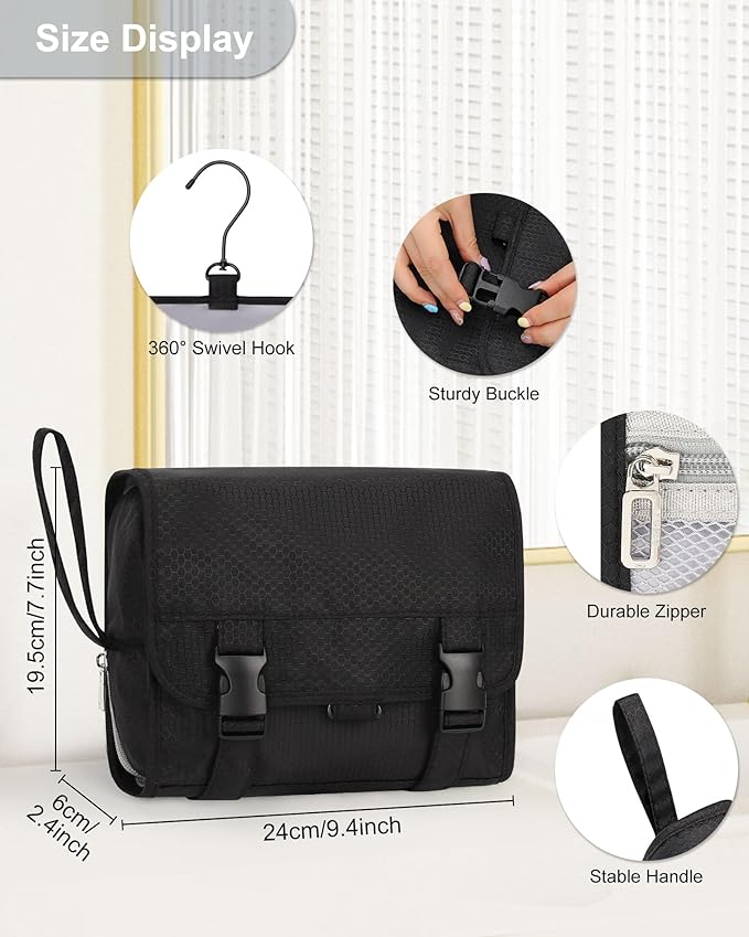Small Hanging Toiletry Bag for Men and Women, Portable Hanging Organizer for Travel-Sized Shower Dopp Kit, Makeup Accessories, Waterproof Toiletries Organizer with 3 Compartments for Outdoor - Black