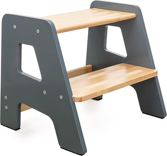 OCODILE 2-Step Wooden Step Stool for Toddlers | Kids Stool for Bathroom Sink & Kitchen Use | Non-Slip Step | Wooden Stool for Children Ages 2+ Years Gray