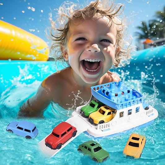 Toy Boat Bath Toys for Toddlers with 4 Mini Car Toys, Kids Water Toys Ferry Boat for Bathtub Bathroom Pool Beach Toys, Birthday Gifts