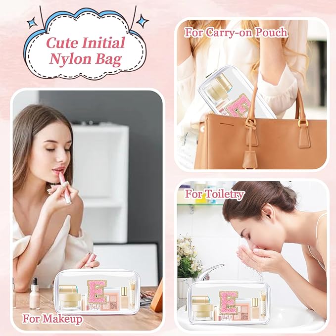Small Clear Personalized Initial Makeup Bag,Nylon Preppy A-Z Chenille Letter Patch Cosmetic Pouch Beach Toiletry Bag,Waterproof Zipper Travel Purse Storage Bag Organizer for Women Girls(White-Pink E)