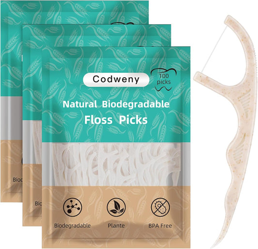 Biodegradable Dental Floss Picks 300 Count, Vegan Plant Based Handle,Eco Friendly Tooth Flossers Toothpick Soft Cleaning for Kids and Adult on Gums(300)
