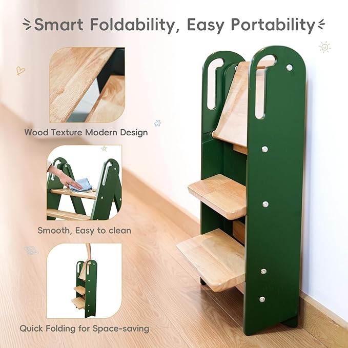 Step Stool for Toddler, 3-Step Kids Step Stool for Bathroom Sink, Foldable Toilet Potty Training Stool with Handles, Child Kitchen Counter Stool Helper Wooden Ladder for Toddlers (Green)