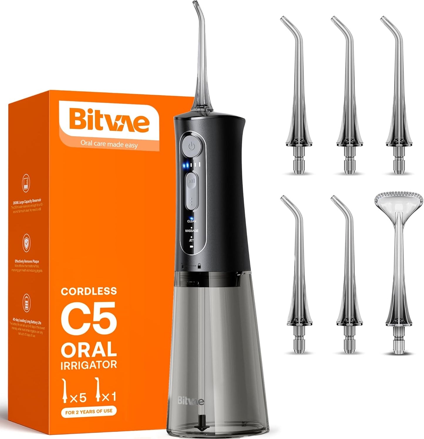 Bitvae Water Dental Flosser for Teeth, Cordless Water Teeth Cleaner Picks, 3 Modes 5 Intensities, IPX7 Waterproof, Rechargeable Water Dental Picks for Cleaning - Black