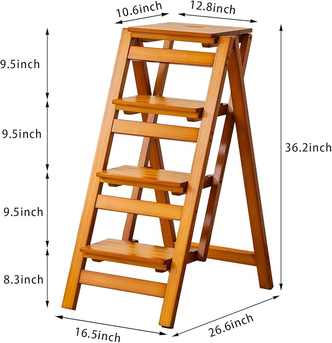 Latifolia Foldable 4 Step Ladder, Wooden Step Stool with Floor Saver, Decorative Ladder Shelf for Living Room, Kitchen, Garden(Walnut)