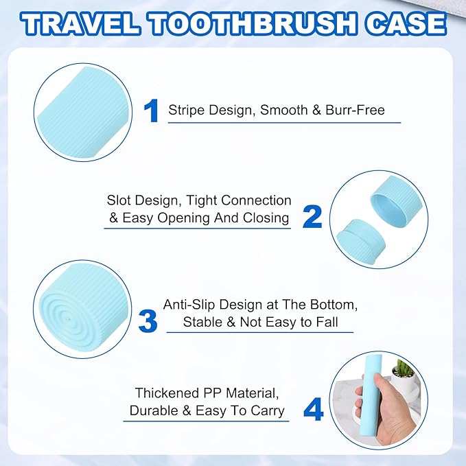 uxcell 2Pcs Travel Toothbrush Case, 7.9x1.2x1.2 Portable Travel Toothbrush Holder with Stripe, Plastic Toothpaste Container for Bathroom, Gym, Business Trip, Camping, Blue