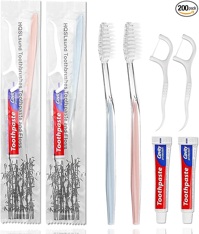 200pcs Disposable Toothbrushes with Toothpaste Floss Individually Wrapped, 2 Color Disposable Toothbrush, 10g Toothpaste, Floss Pick, Bulk Toothbrush Kit for Homeless,Airbnb,Hotel