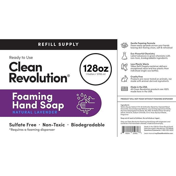 Clean Revolution Foaming Hand Soap Refill Supply Container, Ready to Use Formula, Gluten Free, Natural Lavender Fragrance, 128 Fl. Oz, 4 Pack