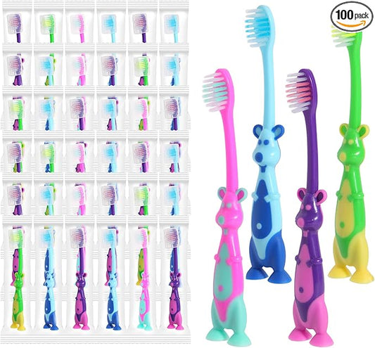 100 Pack Kids Toothbrush Bulk Soft Bristles Toddler Cute Toothbrush with Suction Cup, Includes Travel Covers, Individually Wrapped Toothbrushes for Kid Home School Daycare Camp (Kangaroo)