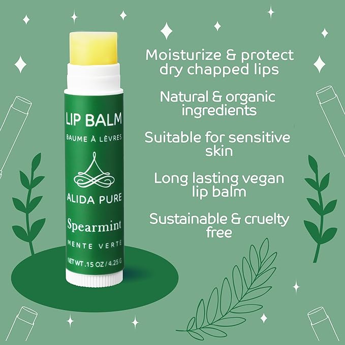 Spearmint Lip Balm Collection, Vegan Set, Beeswax Free, with Organic Jojoba and Avocado Oil, Vitamin E, Natural Moisturizer for Dry, Chapped Lips, 3 Tube Set