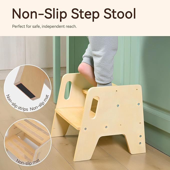 Wingyz Wooden Toddler Step Stool, Adjustable Step stools for Kids with Handles,Durable 3-Level Height Stepstool for Bathroom Sink, Kitchen, Bedroom,Potty Training
