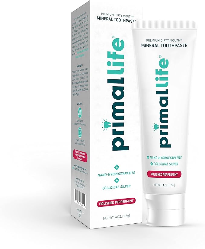 Primal Life Organics Premium Dirty Mouth Mineral Toothpaste - Nano-Hydroxyapatite, Colloidal Silver, Charcoal - Organic, All Natural Whitening Formula (Peppermint Flavor, 4 Oz)
