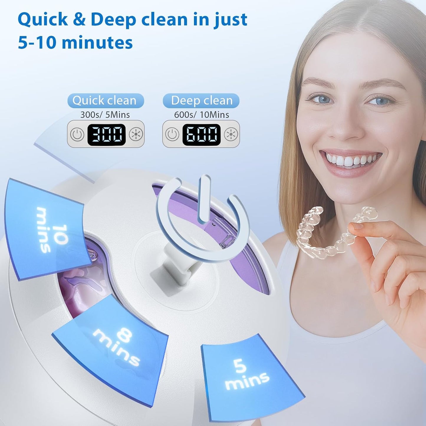 Ultrasonic Retainer Cleaner Machine, 42kHz Professional for Dentures, Aligners, Mouth Guards, Jewelry - IPX7 Waterproof Durable Removable Base and Top Cover, 3 Timer Settings, Quiet White