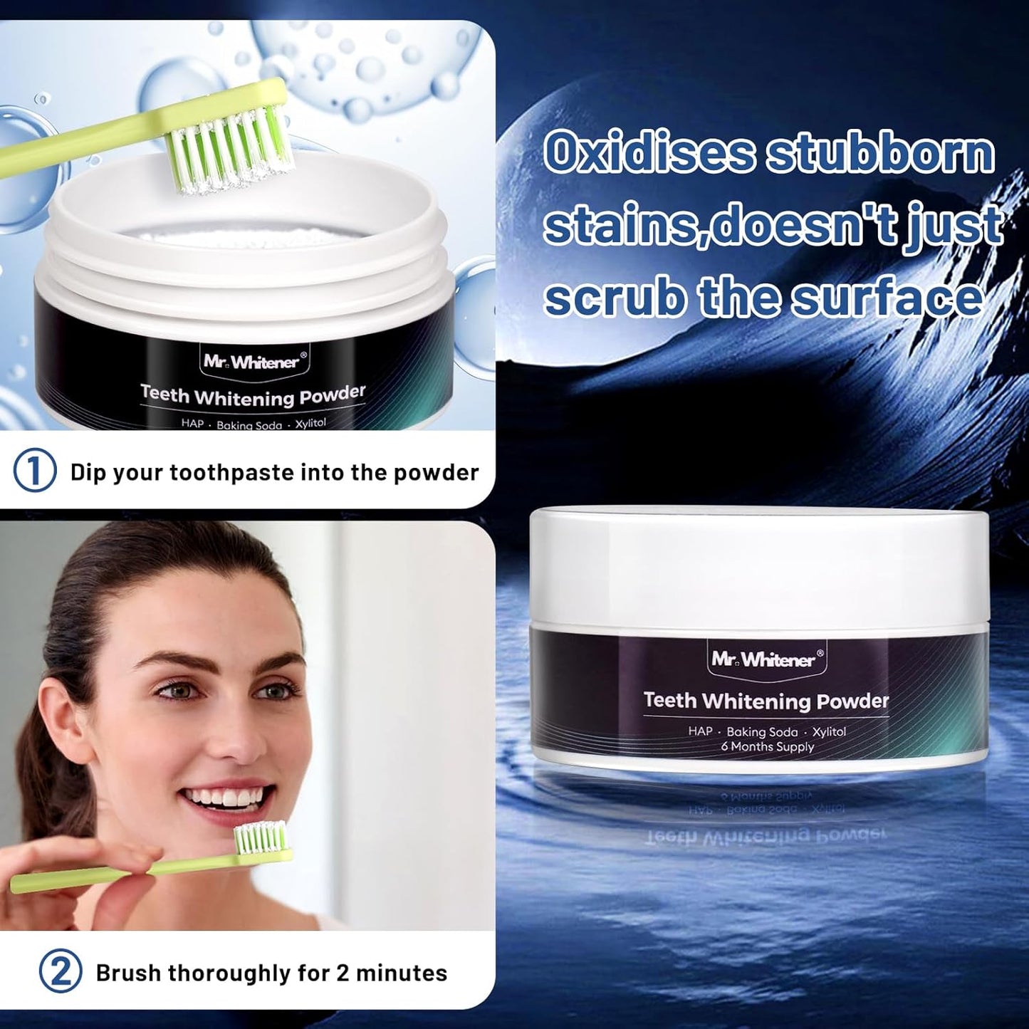 Teeth Whitening Powder 30g, Toothpaste Whitening Powder 6 Months Supply, Dentist-Approved & Enamel-Safe, Tea, Coffee, Wine, Smoking & Yellow Tooth Stain Removal Without Sensitivity, Fresh Mint Flavor