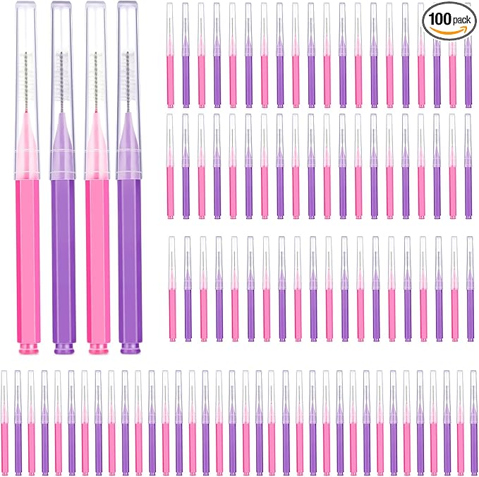 Patelai 100 Pieces Braces Brush for Cleaner Interdental Brush Toothpick Dental Tooth Flossing Head Oral Dental Hygiene Flosser Toothpick Cleaners Tooth Tool (Pink,Purple,Suitable Size)