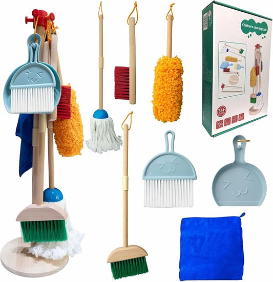Kids Cleaning Set, 8 Pack Wooden Housework Cleaning Includes Broom Mop Duster Dustpan Brushes Rag and Organizing Stand, Solid Beech Wood , Cleaning Toys Gift for Toddlers Girls Boys Age 3-8