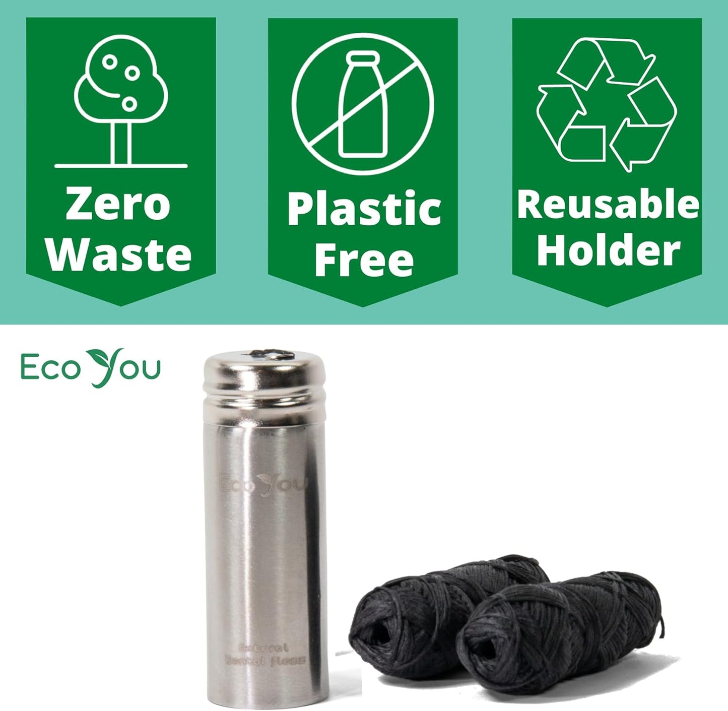 Charcoal Bamboo Floss | 2 Non Toxic Natural Floss Refill with Metal Container | Organic Mint & Candelilla Wax | Vegan & Biodegradable | Compatible w/Similar Dental Floss Silk Refill Containers